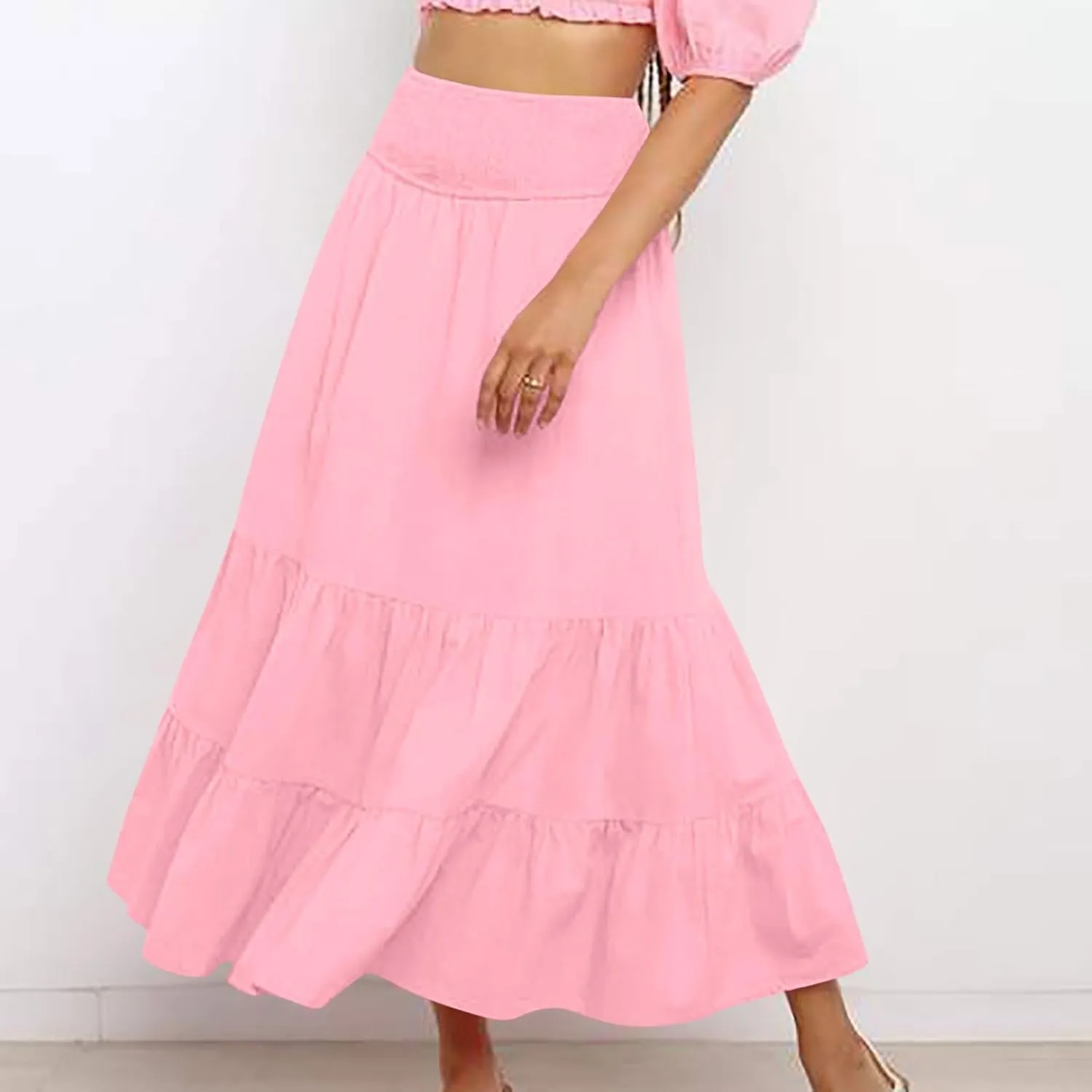 Women's Casual Boho Ankle Length Skirt Flowy High Waisted Tiered Ruched Maxi Skirts 2025 Trendy Summer Beach Dress