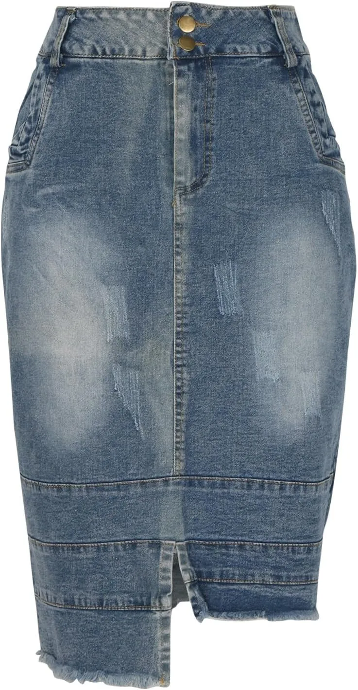 Women's Casual High Waisted Denim Skirts Stretch Knee Length Slim Fit Pencil Jean Skirt Wrap Bodycon Dress