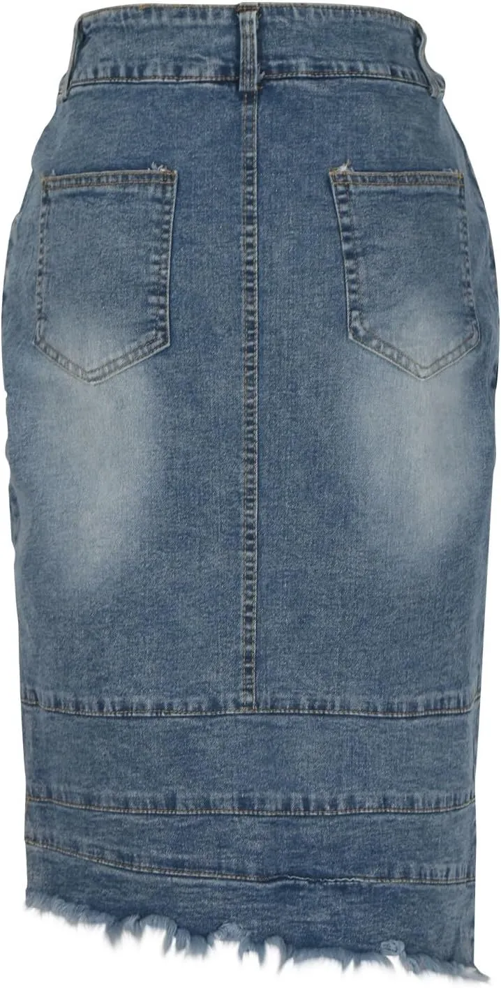 Women's Casual High Waisted Denim Skirts Stretch Knee Length Slim Fit Pencil Jean Skirt Wrap Bodycon Dress