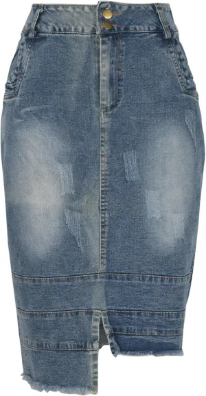 Women's Casual High Waisted Denim Skirts Stretch Knee Length Slim Fit Pencil Jean Skirt Wrap Bodycon Dress