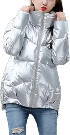 Women's Coats Silver Stand Collar Parkas Winter Jacket Pockets Padded Cotton Coat