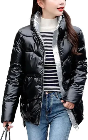 Women's Coats Silver Stand Collar Parkas Winter Jacket Pockets Padded Cotton Coat