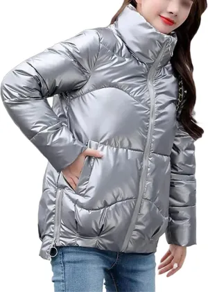 Women's Coats Silver Stand Collar Parkas Winter Jacket Pockets Padded Cotton Coat