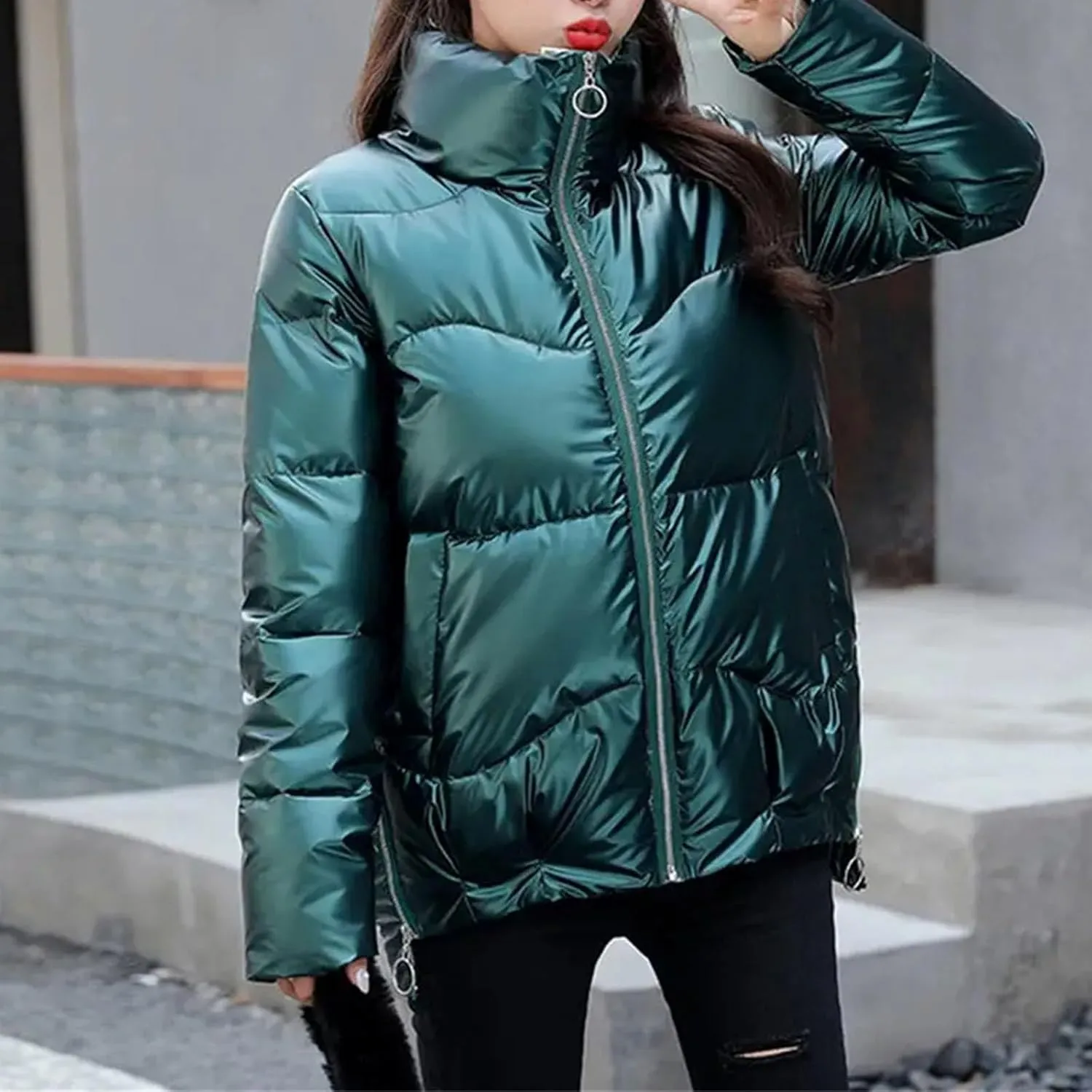 Women's Coats Silver Stand Collar Parkas Winter Jacket Pockets Padded Cotton Coat