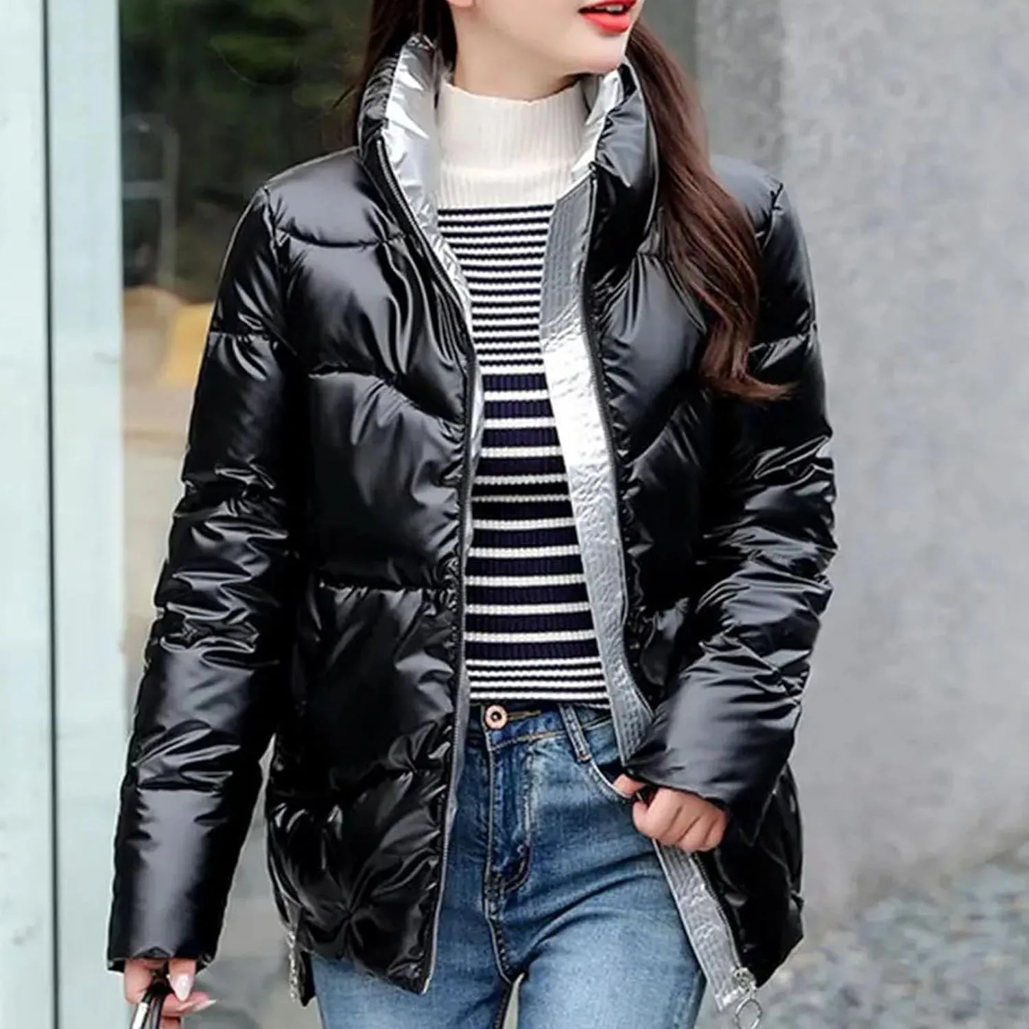 Women's Coats Silver Stand Collar Parkas Winter Jacket Pockets Padded Cotton Coat