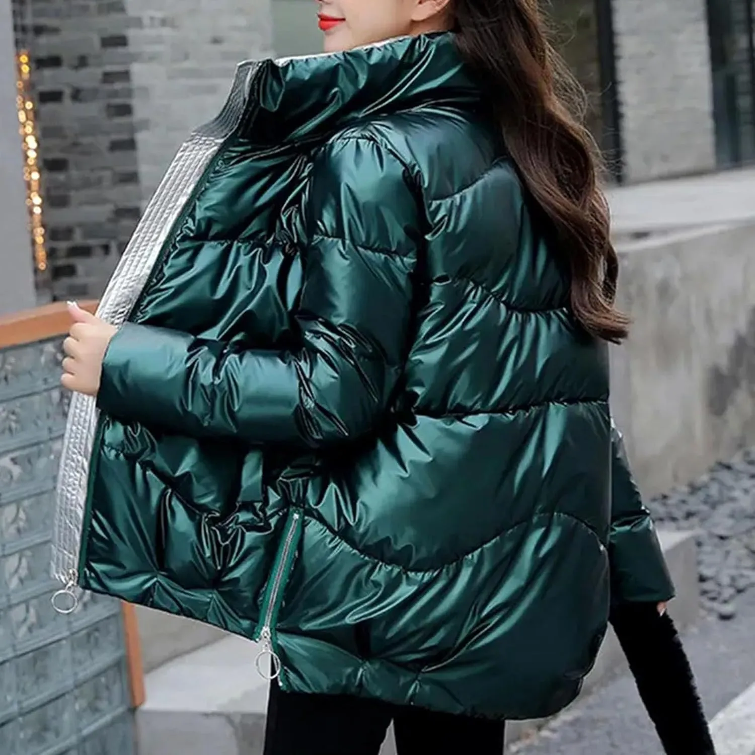 Women's Coats Silver Stand Collar Parkas Winter Jacket Pockets Padded Cotton Coat