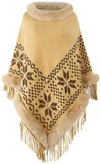 Womens Fall Fair Isle Fringe Poncho Sweaters Beaded Cape Faux Fur Trim Shawl Wraps Christmas Open Sleeve Cloak Pullover Scarf