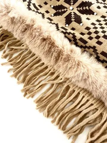 Womens Fall Fair Isle Fringe Poncho Sweaters Beaded Cape Faux Fur Trim Shawl Wraps Christmas Open Sleeve Cloak Pullover Scarf