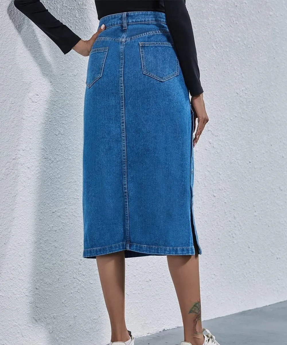 Women's Fashion Casual High Waisted Solid Button Up Slit Denim Jean Denim Midi Skirts