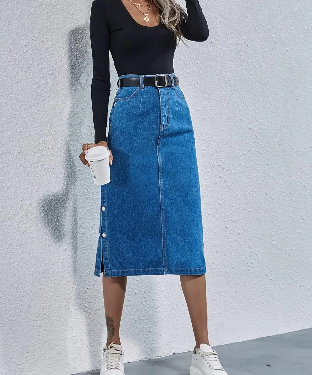 Women's Fashion Casual High Waisted Solid Button Up Slit Denim Jean Denim Midi Skirts