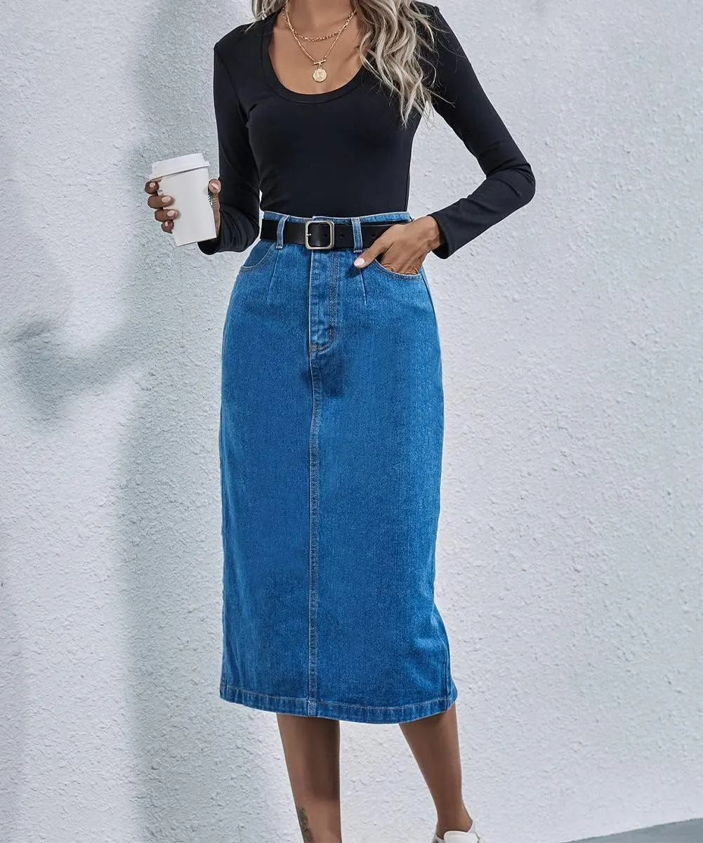 Women's Fashion Casual High Waisted Solid Button Up Slit Denim Jean Denim Midi Skirts