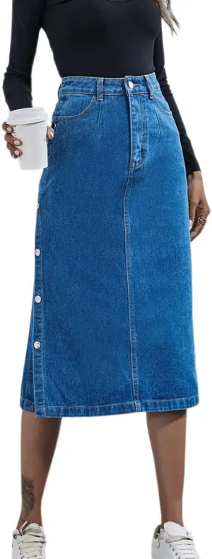 Women's Fashion Casual High Waisted Solid Button Up Slit Denim Jean Denim Midi Skirts