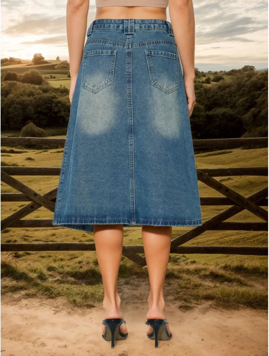 Women's Fashion Vintage High Waist Denim Midi Skirts Pleated Flowy Jean A-Line Skirt with Pocket