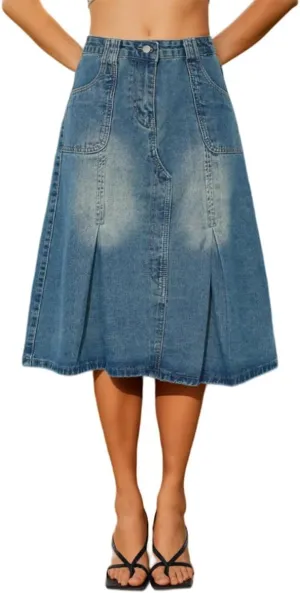 Women's Fashion Vintage High Waist Denim Midi Skirts Pleated Flowy Jean A-Line Skirt with Pocket