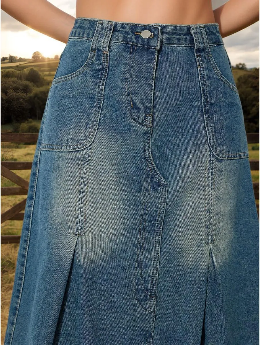 Women's Fashion Vintage High Waist Denim Midi Skirts Pleated Flowy Jean A-Line Skirt with Pocket