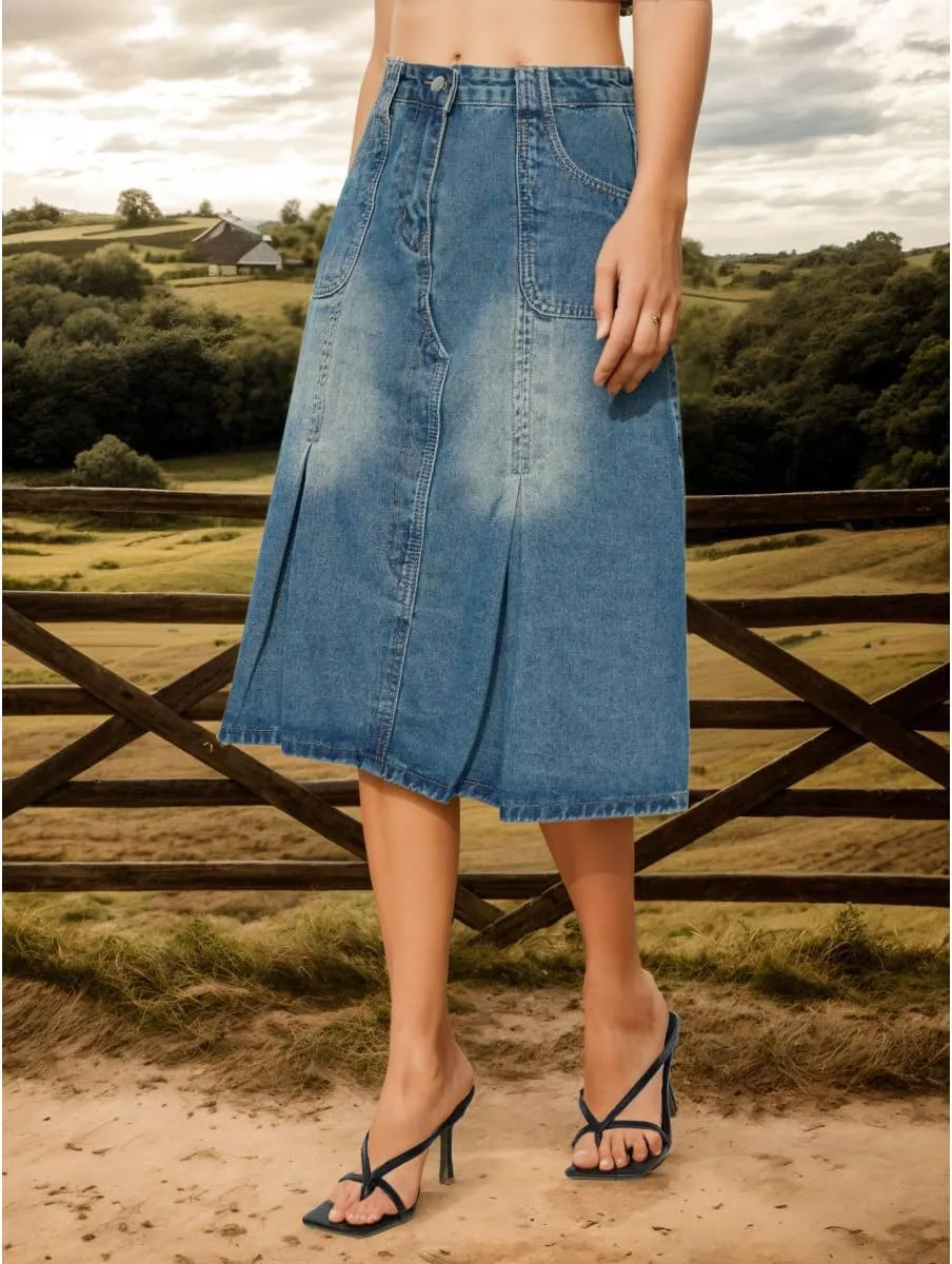 Women's Fashion Vintage High Waist Denim Midi Skirts Pleated Flowy Jean A-Line Skirt with Pocket