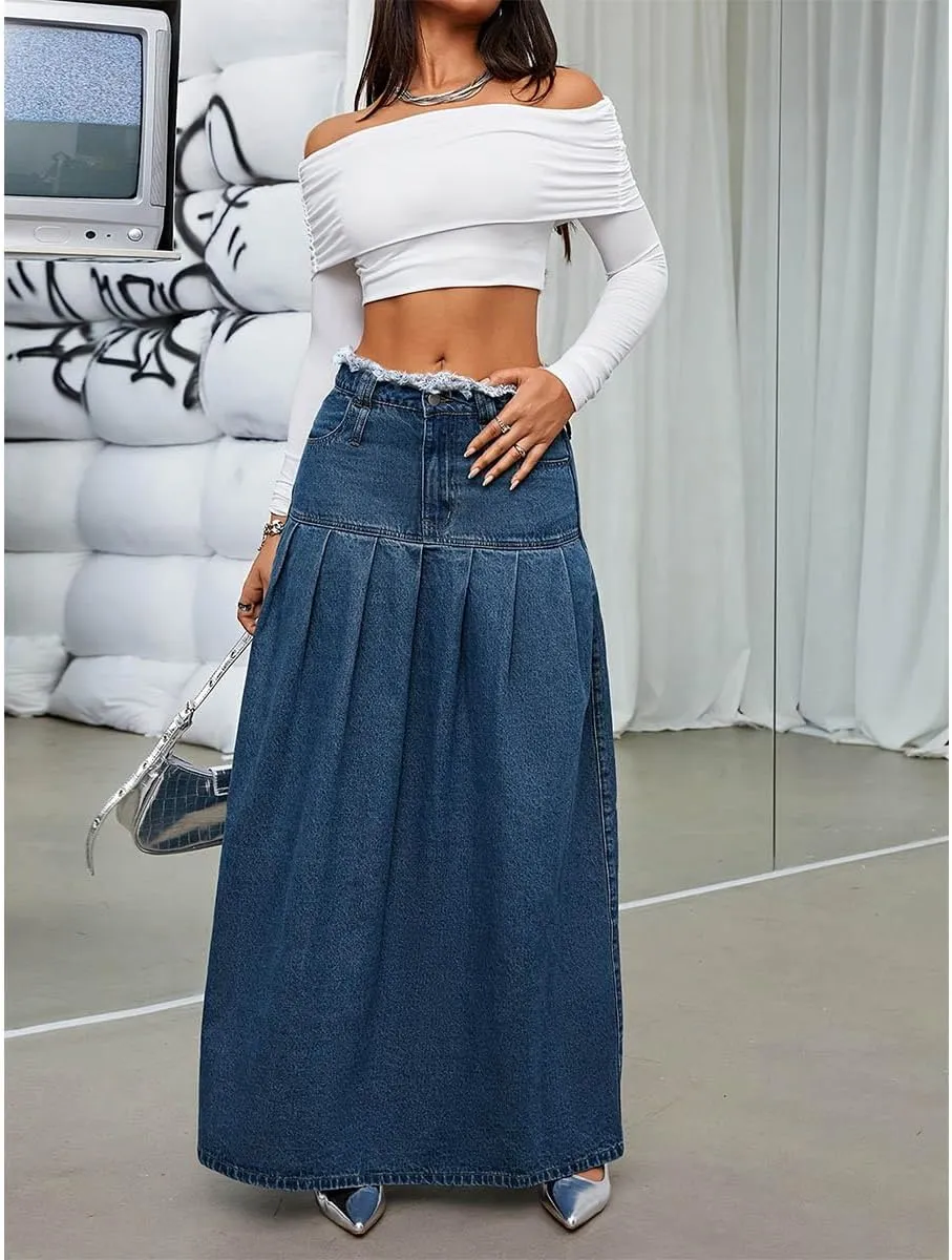 Women's Fashion Vintage High Waist Denim Midi Skirts Pleated Raw Edges Flowy Jean A-Line Skirt