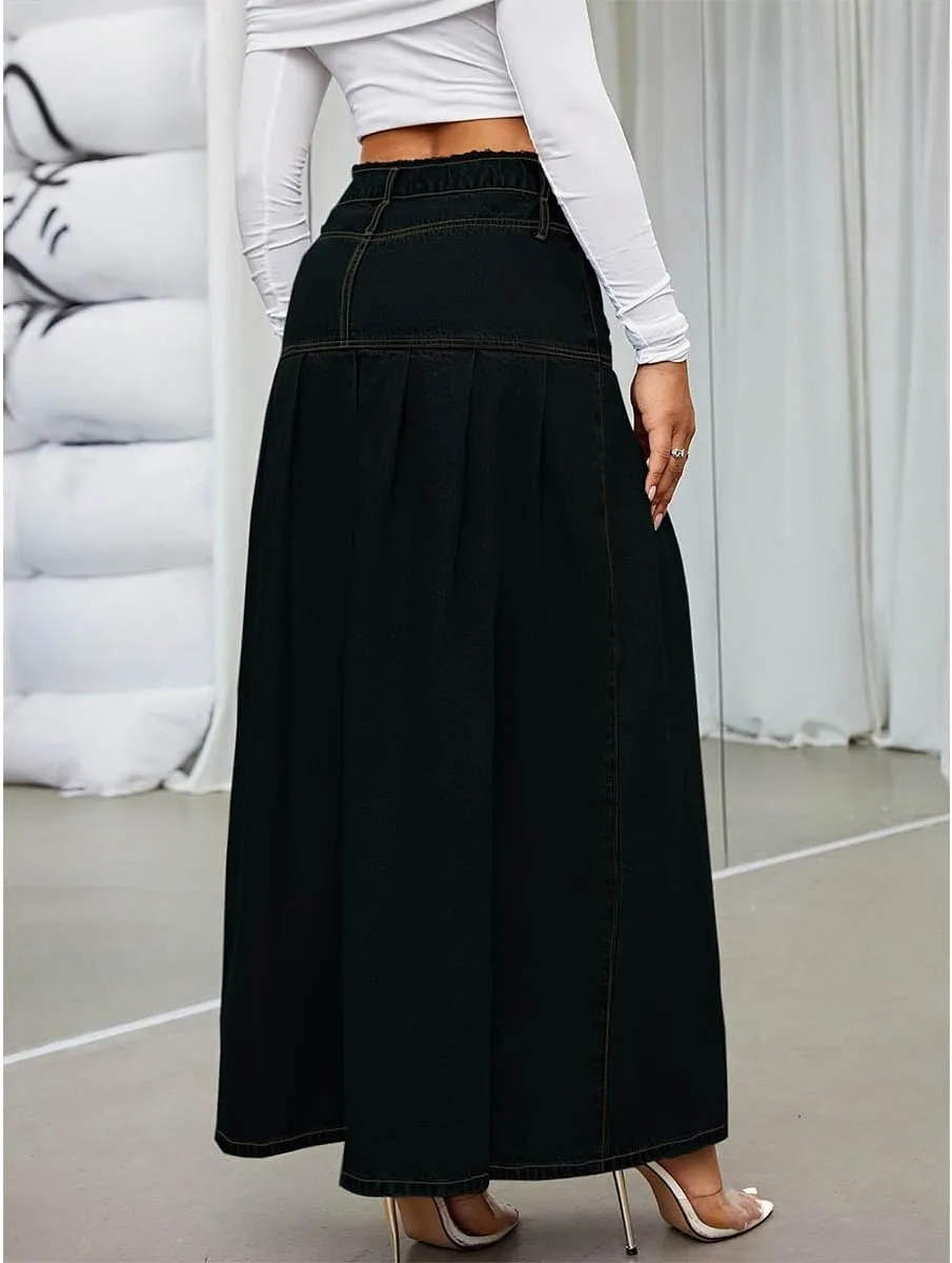 Women's Fashion Vintage High Waist Denim Midi Skirts Pleated Raw Edges Flowy Jean A-Line Skirt