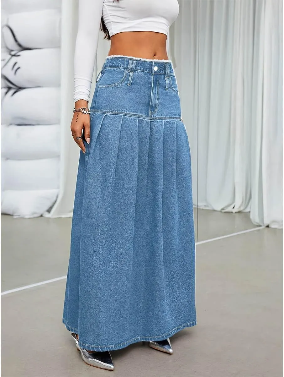 Women's Fashion Vintage High Waist Denim Midi Skirts Pleated Raw Edges Flowy Jean A-Line Skirt