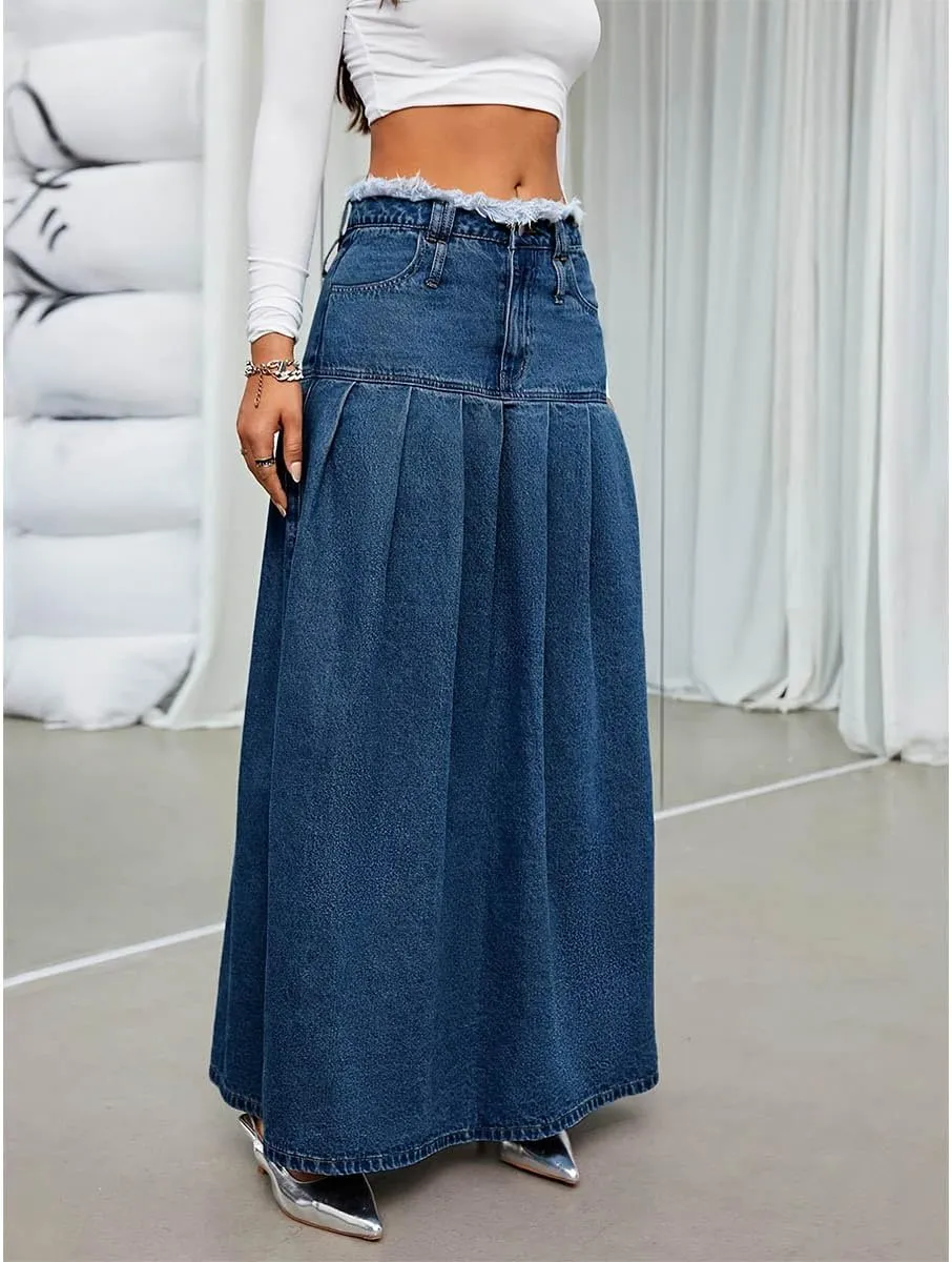 Women's Fashion Vintage High Waist Denim Midi Skirts Pleated Raw Edges Flowy Jean A-Line Skirt