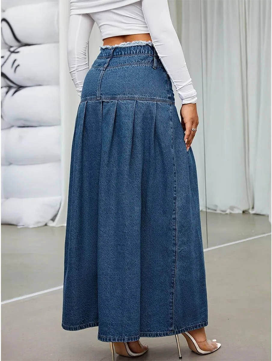 Women's Fashion Vintage High Waist Denim Midi Skirts Pleated Raw Edges Flowy Jean A-Line Skirt