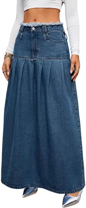 Women's Fashion Vintage High Waist Denim Midi Skirts Pleated Raw Edges Flowy Jean A-Line Skirt