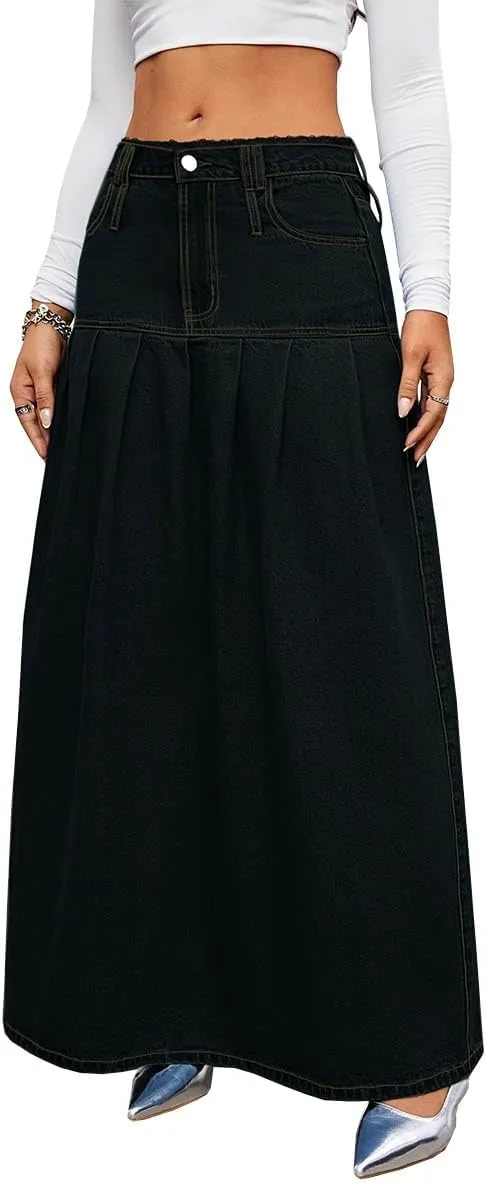 Women's Fashion Vintage High Waist Denim Midi Skirts Pleated Raw Edges Flowy Jean A-Line Skirt