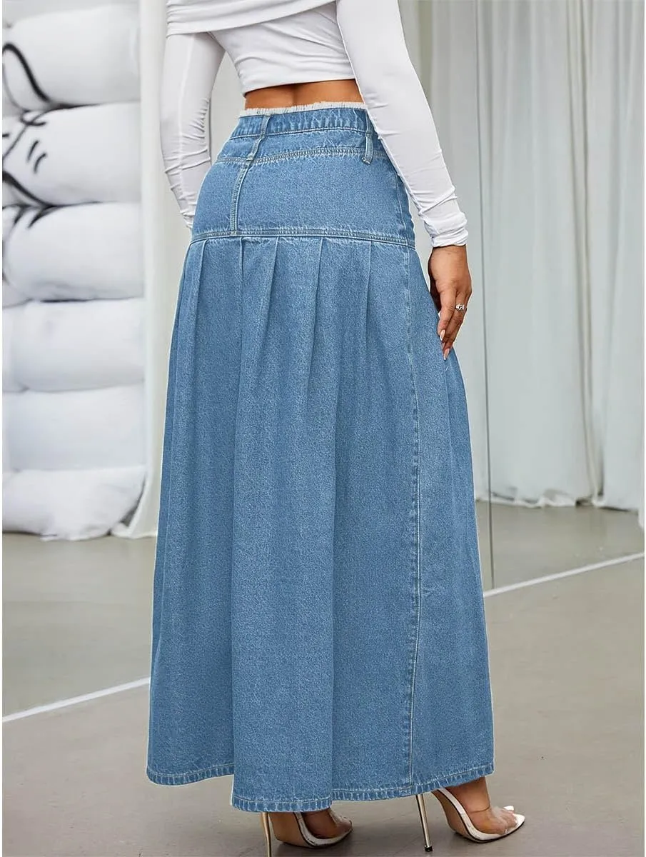 Women's Fashion Vintage High Waist Denim Midi Skirts Pleated Raw Edges Flowy Jean A-Line Skirt