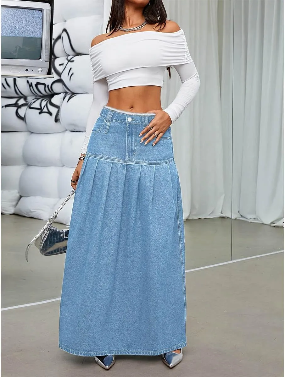 Women's Fashion Vintage High Waist Denim Midi Skirts Pleated Raw Edges Flowy Jean A-Line Skirt