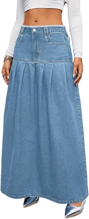 Women's Fashion Vintage High Waist Denim Midi Skirts Pleated Raw Edges Flowy Jean A-Line Skirt