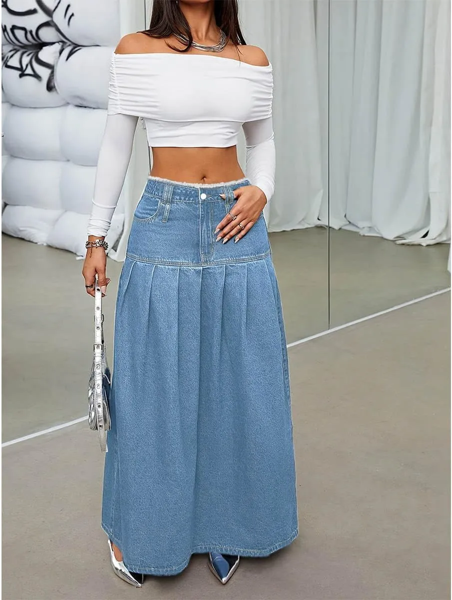 Women's Fashion Vintage High Waist Denim Midi Skirts Pleated Raw Edges Flowy Jean A-Line Skirt