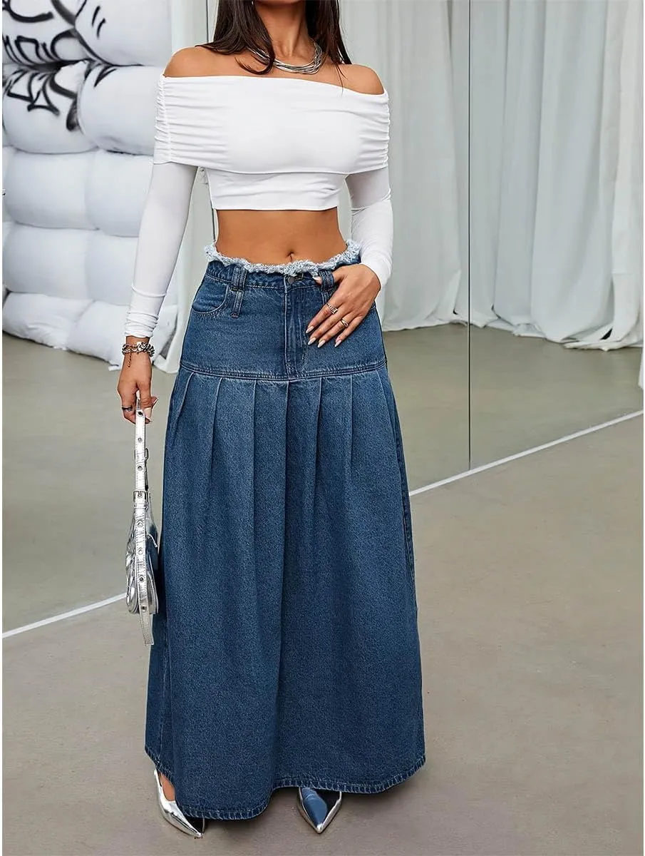 Women's Fashion Vintage High Waist Denim Midi Skirts Pleated Raw Edges Flowy Jean A-Line Skirt