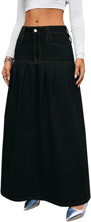 Women's Fashion Vintage High Waist Denim Midi Skirts Pleated Raw Edges Flowy Jean A-Line Skirt