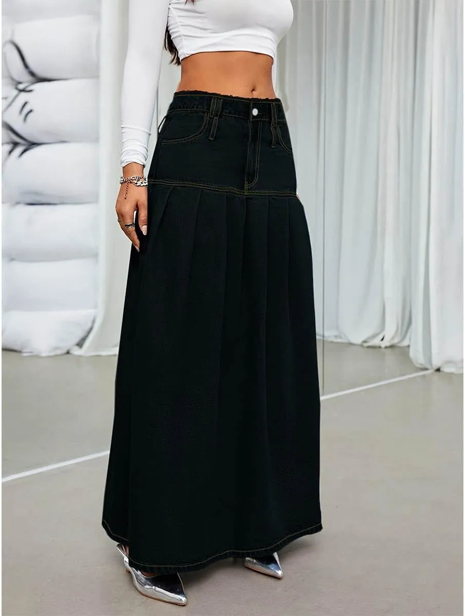 Women's Fashion Vintage High Waist Denim Midi Skirts Pleated Raw Edges Flowy Jean A-Line Skirt