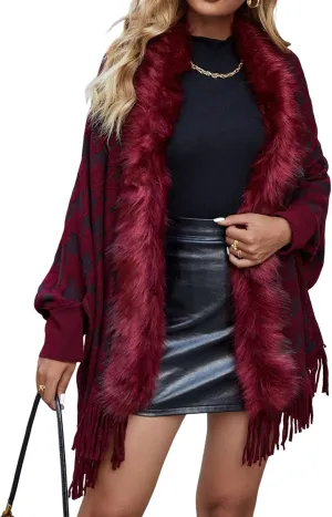 Women's Faux Fur Collar Shawl Tassel Cloak Cardigan Sweater Batwing Long Sleeve Knit Cape Open Front Cloak