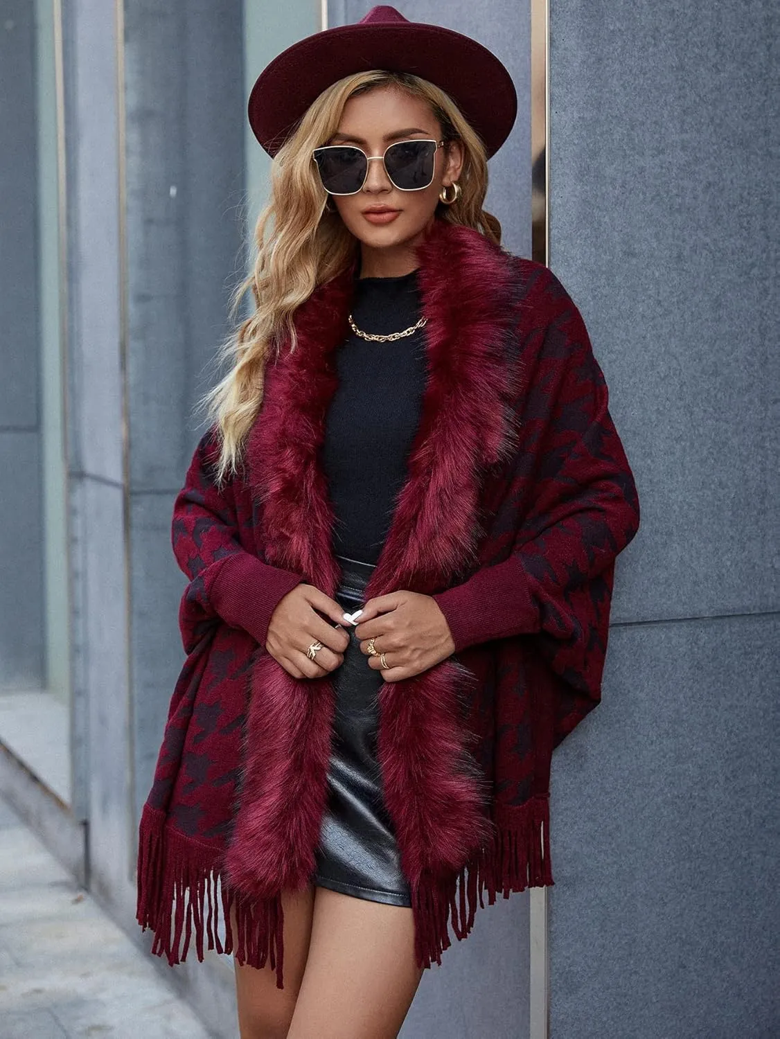 Women's Faux Fur Collar Shawl Tassel Cloak Cardigan Sweater Batwing Long Sleeve Knit Cape Open Front Cloak