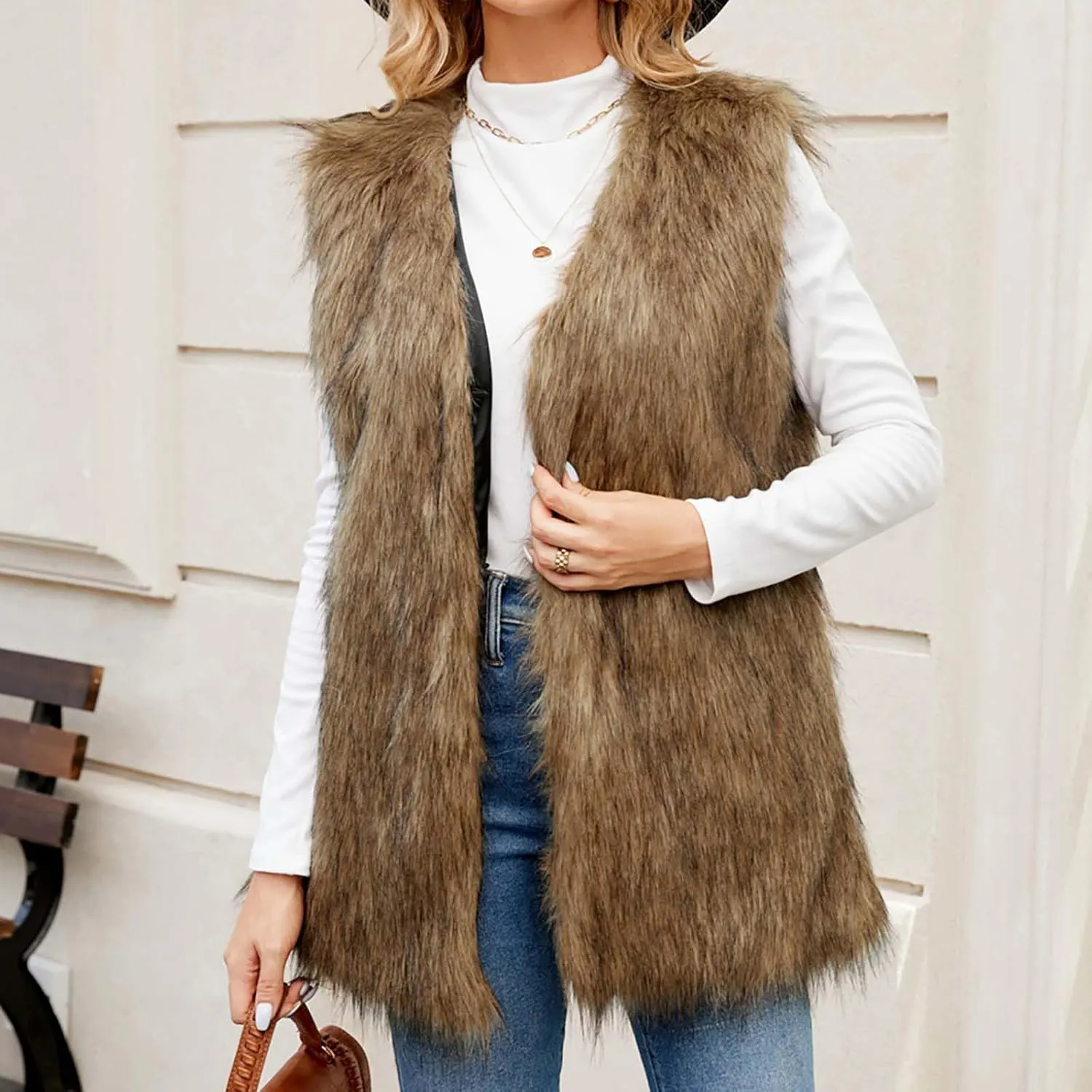 Womens Faux Fur Vest Winter Warm Short Coat Fluffy Shaggy Sleeveless Jacket Fashion Casual Fuzzy Outerwear