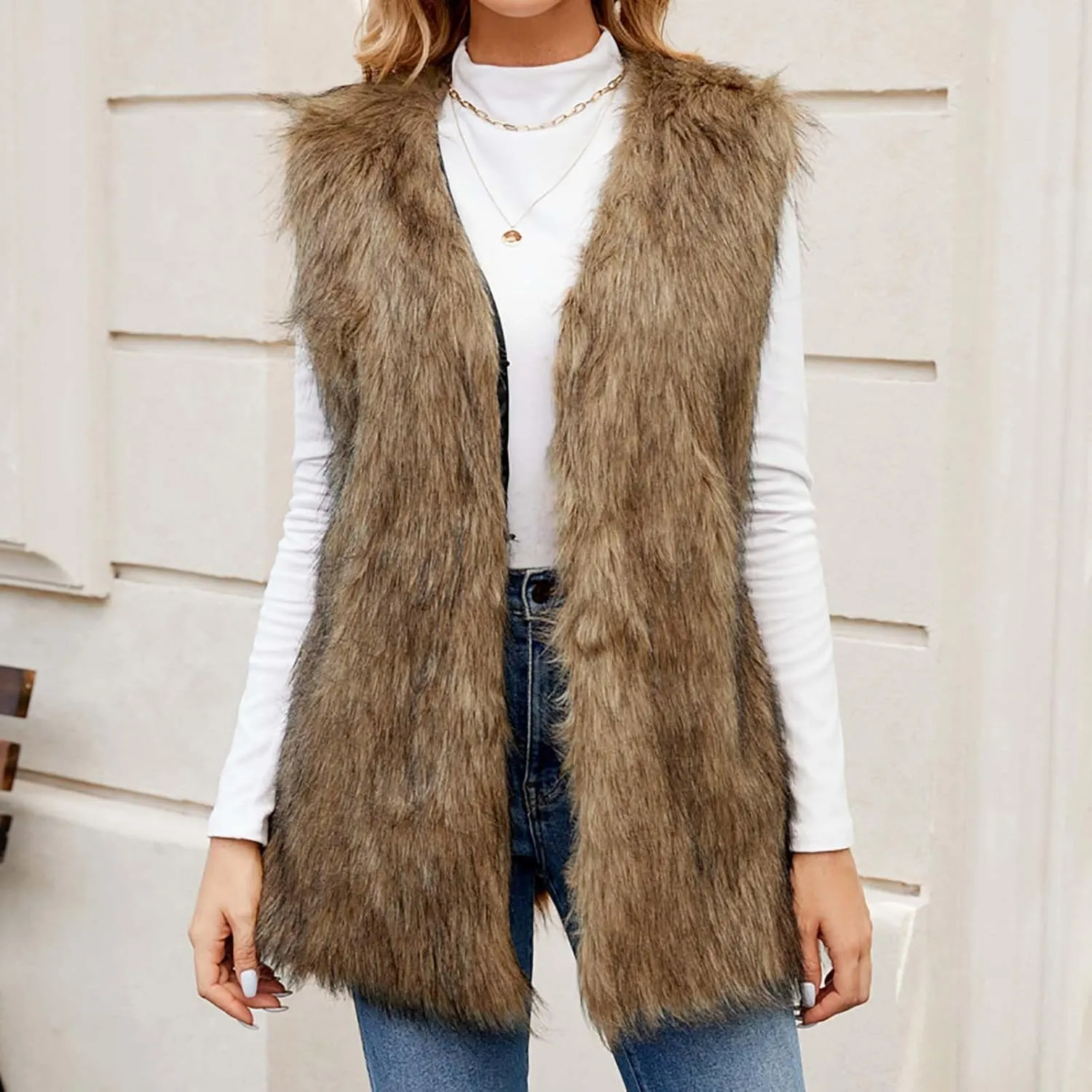 Womens Faux Fur Vest Winter Warm Short Coat Fluffy Shaggy Sleeveless Jacket Fashion Casual Fuzzy Outerwear