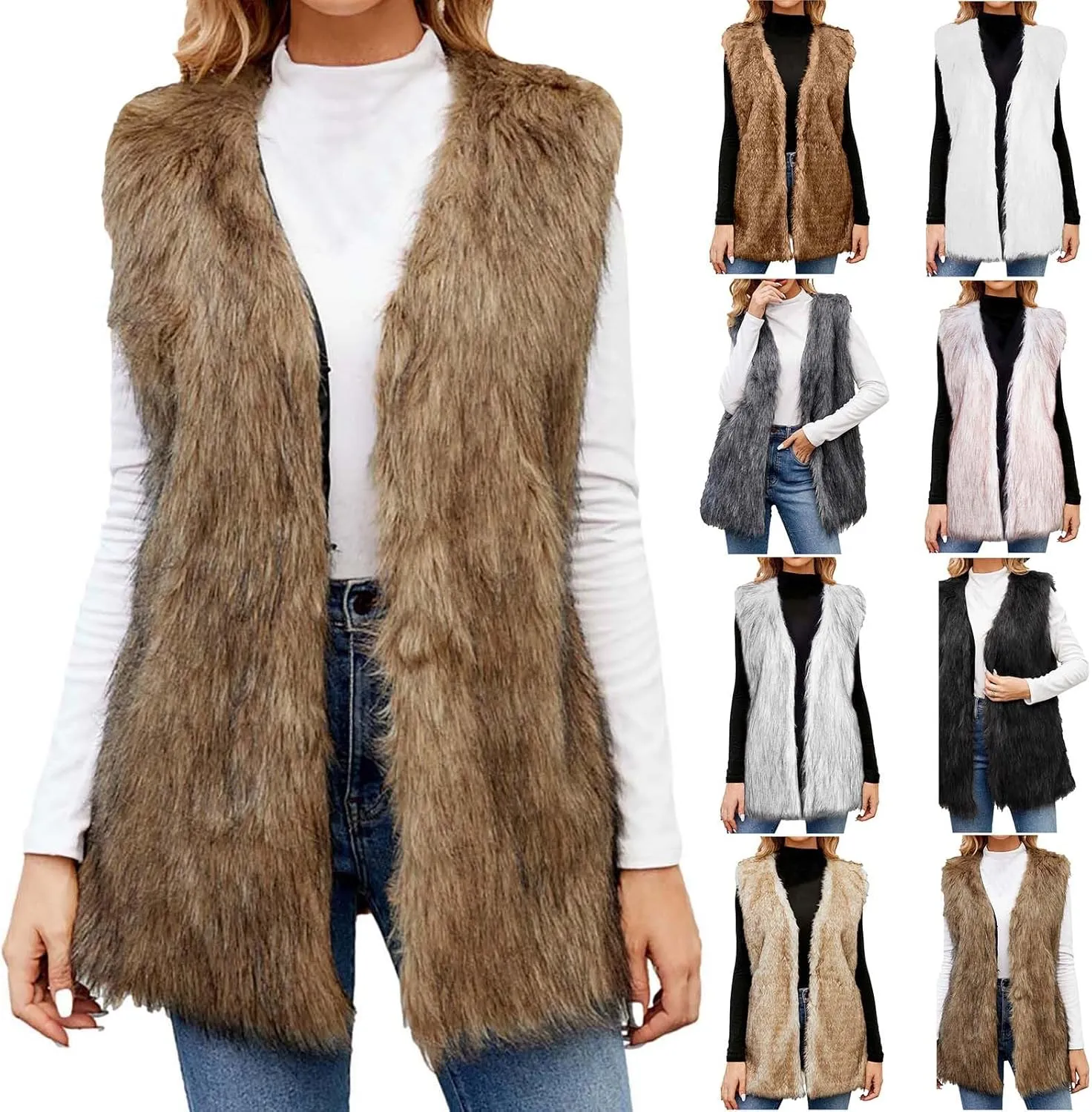 Womens Faux Fur Vest Winter Warm Short Coat Fluffy Shaggy Sleeveless Jacket Fashion Casual Fuzzy Outerwear