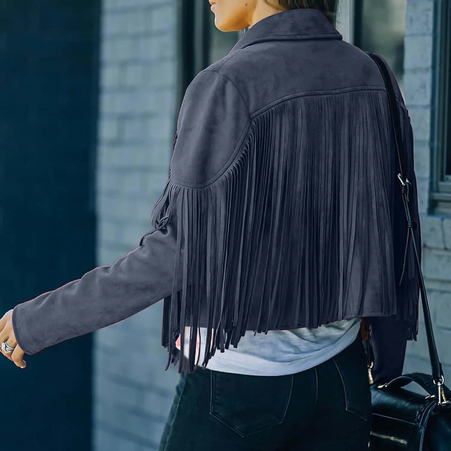 Women's Faux Suede Leather Fringe Jacket Cowgirl Crop Moto Biker Jackets Open Front Tassel Coat Tops 2024 Trendy