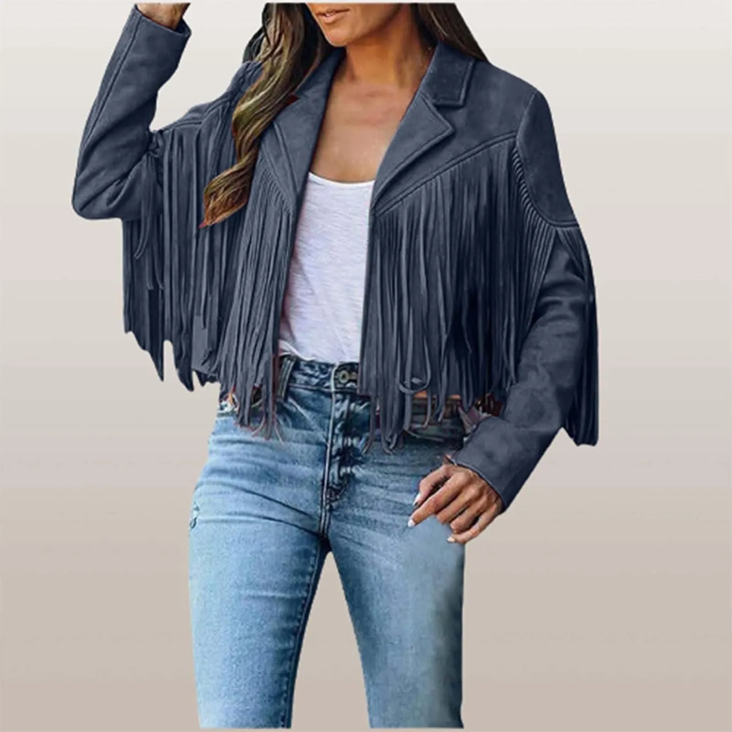 Women's Faux Suede Leather Fringe Jacket Cowgirl Crop Moto Biker Jackets Open Front Tassel Coat Tops 2024 Trendy