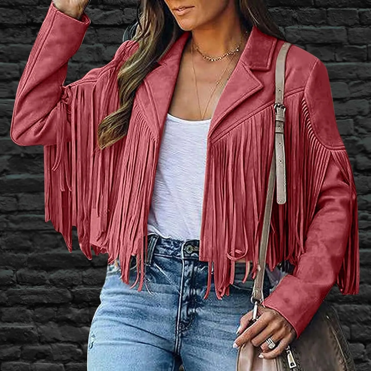 Women's Faux Suede Leather Fringe Jacket Cowgirl Crop Moto Biker Jackets Open Front Tassel Coat Tops 2024 Trendy
