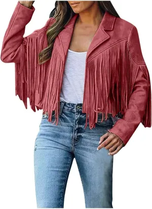 Women's Faux Suede Leather Fringe Jacket Cowgirl Crop Moto Biker Jackets Open Front Tassel Coat Tops 2024 Trendy