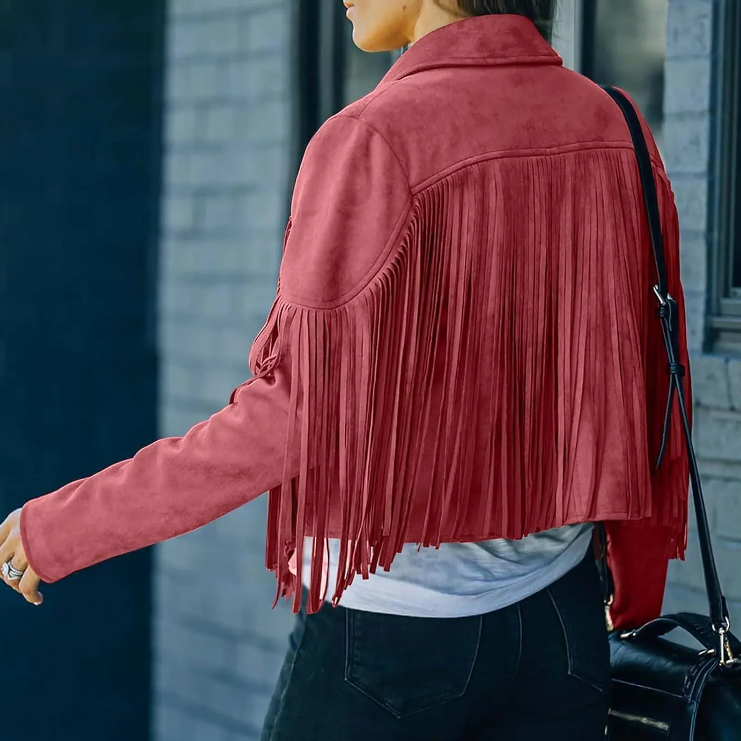Women's Faux Suede Leather Fringe Jacket Cowgirl Crop Moto Biker Jackets Open Front Tassel Coat Tops 2024 Trendy