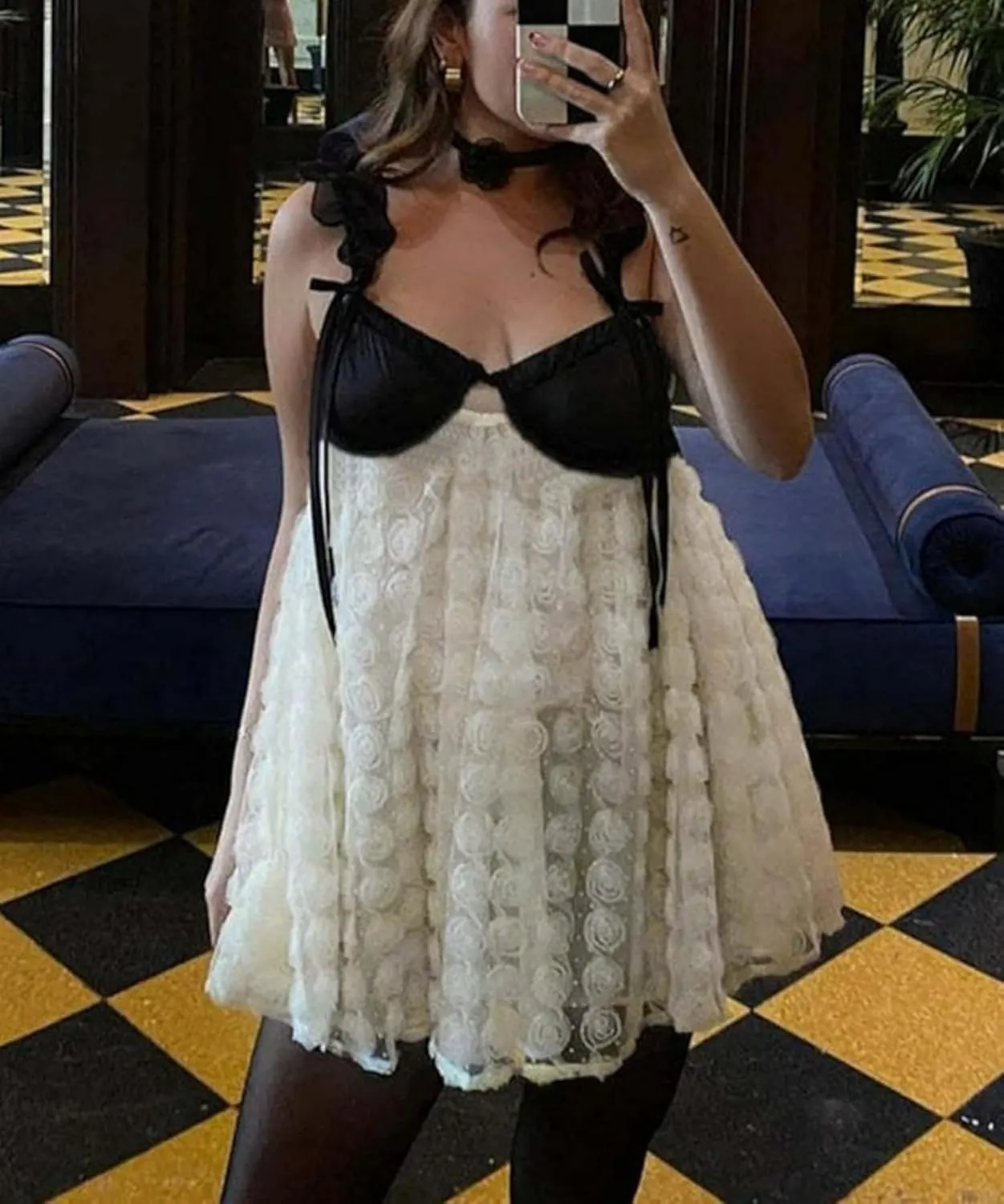 Women's Floral Lace Mini Dress Backless Pleated Skirt Contrast Bust Ruffle Straps Elegant Party Outfit