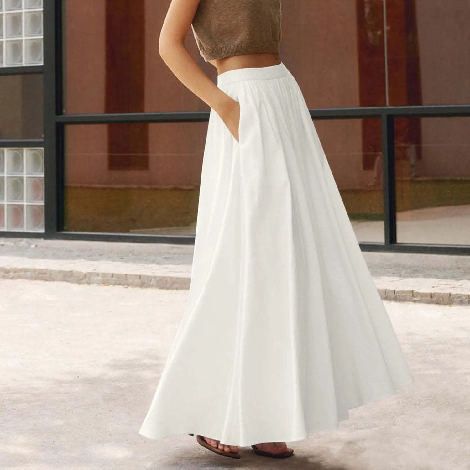 Women's Flowy Maxi Skirt Summer Pleated High Waisted Casual Long Skirts with Pockets Zipper Back Boho Dress