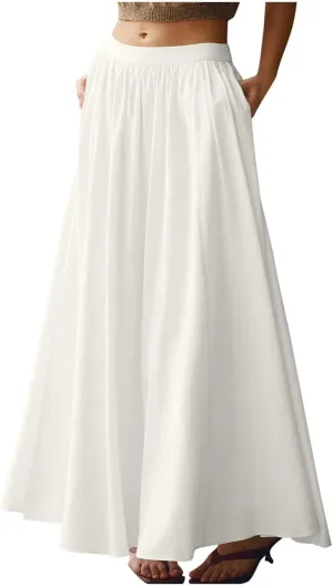 Women's Flowy Maxi Skirt Summer Pleated High Waisted Casual Long Skirts with Pockets Zipper Back Boho Dress