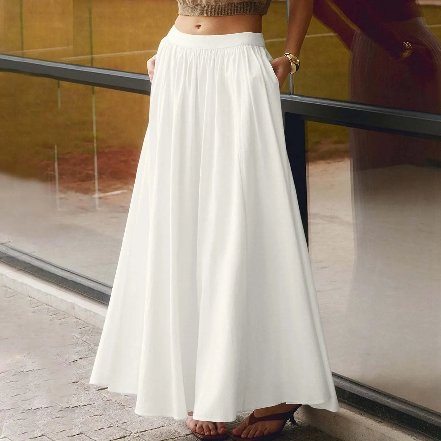 Women's Flowy Maxi Skirt Summer Pleated High Waisted Casual Long Skirts with Pockets Zipper Back Boho Dress