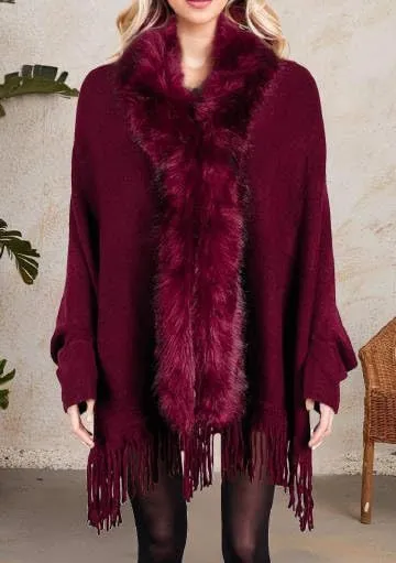 Womens Fringe Poncho Knitted Sweaters Cape Faux Fur Trim Shawl Wraps Batwing Sleeve Cloak Open Front Cardigan Scarf for Women