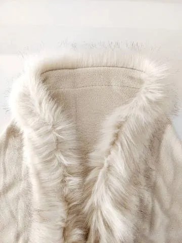 Womens Fringe Poncho Knitted Sweaters Cape Faux Fur Trim Shawl Wraps Batwing Sleeve Cloak Open Front Cardigan Scarf for Women